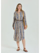 Patterned Shirt Collar Belt Detailed Beige Long Sleeve Plus Size Dress 4611